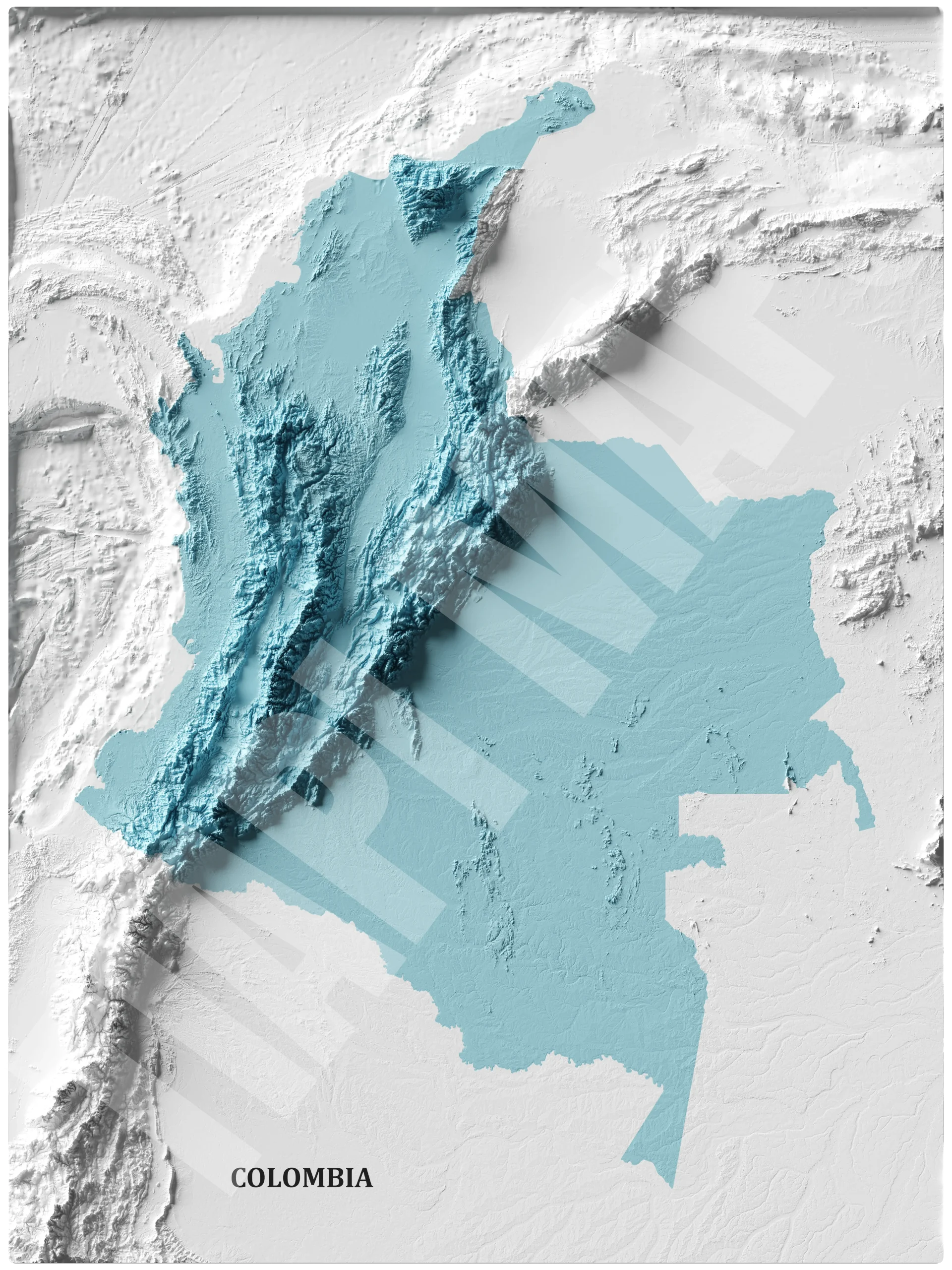 Mapa con efecto de relieve (impresión 2D) | Minimalista en Tono Azul