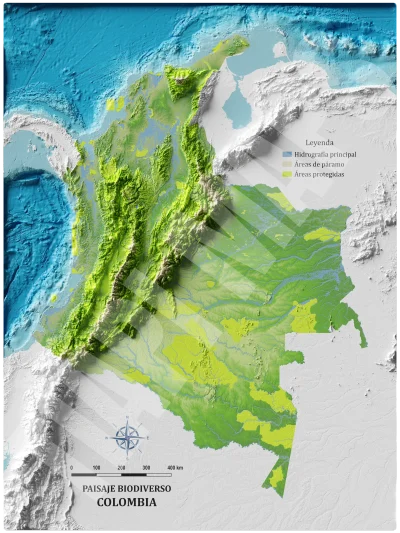 Mapa con efecto de relieve (impresión 2D) | Paisaje Biodiverso de Colombia