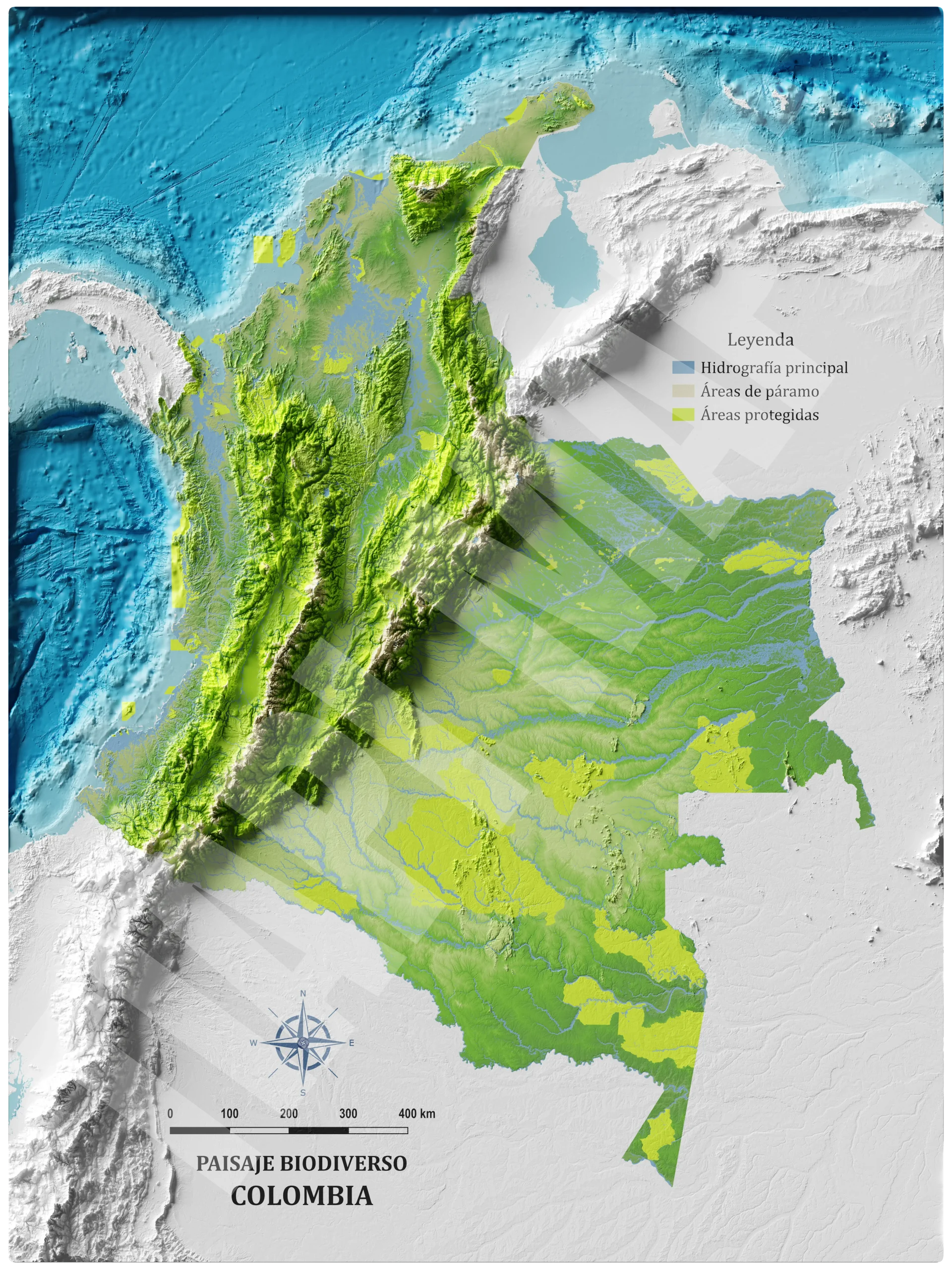 Mapa con efecto de relieve (impresión 2D) | Paisaje Biodiverso de Colombia