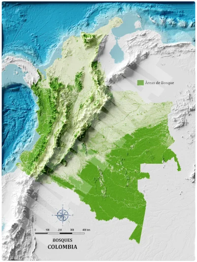 Mapa con efecto de relieve (impresión 2D) | Bosques de Colombia