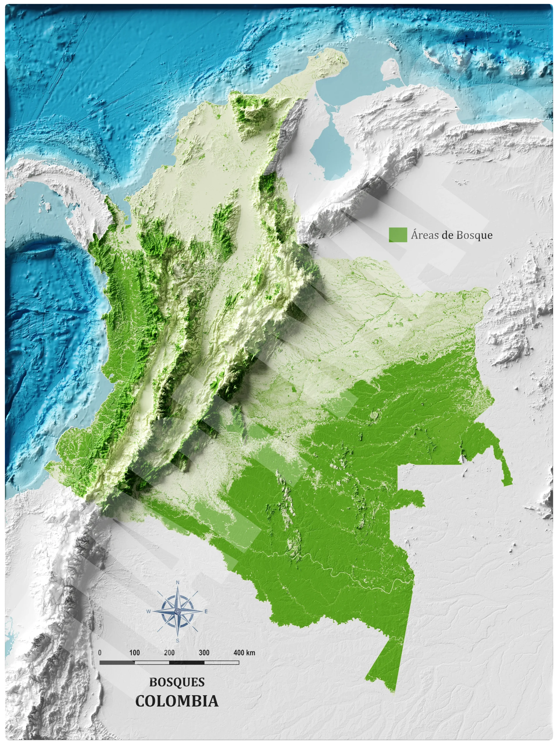 Mapa con efecto de relieve (impresión 2D) | Bosques de Colombia