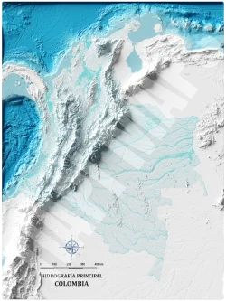 Mapa con efecto de relieve (impresión 2D) | Hidrografía de Colombia