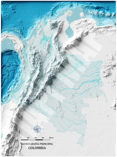 Mapa con efecto de relieve (impresión 2D) | Hidrografía de Colombia