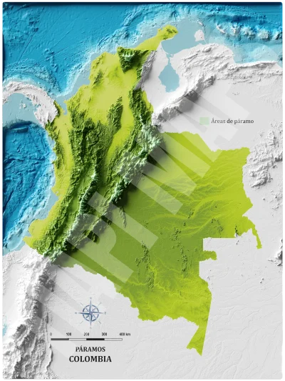 Mapa con efecto de relieve (impresión 2D) | Páramos de Colombia