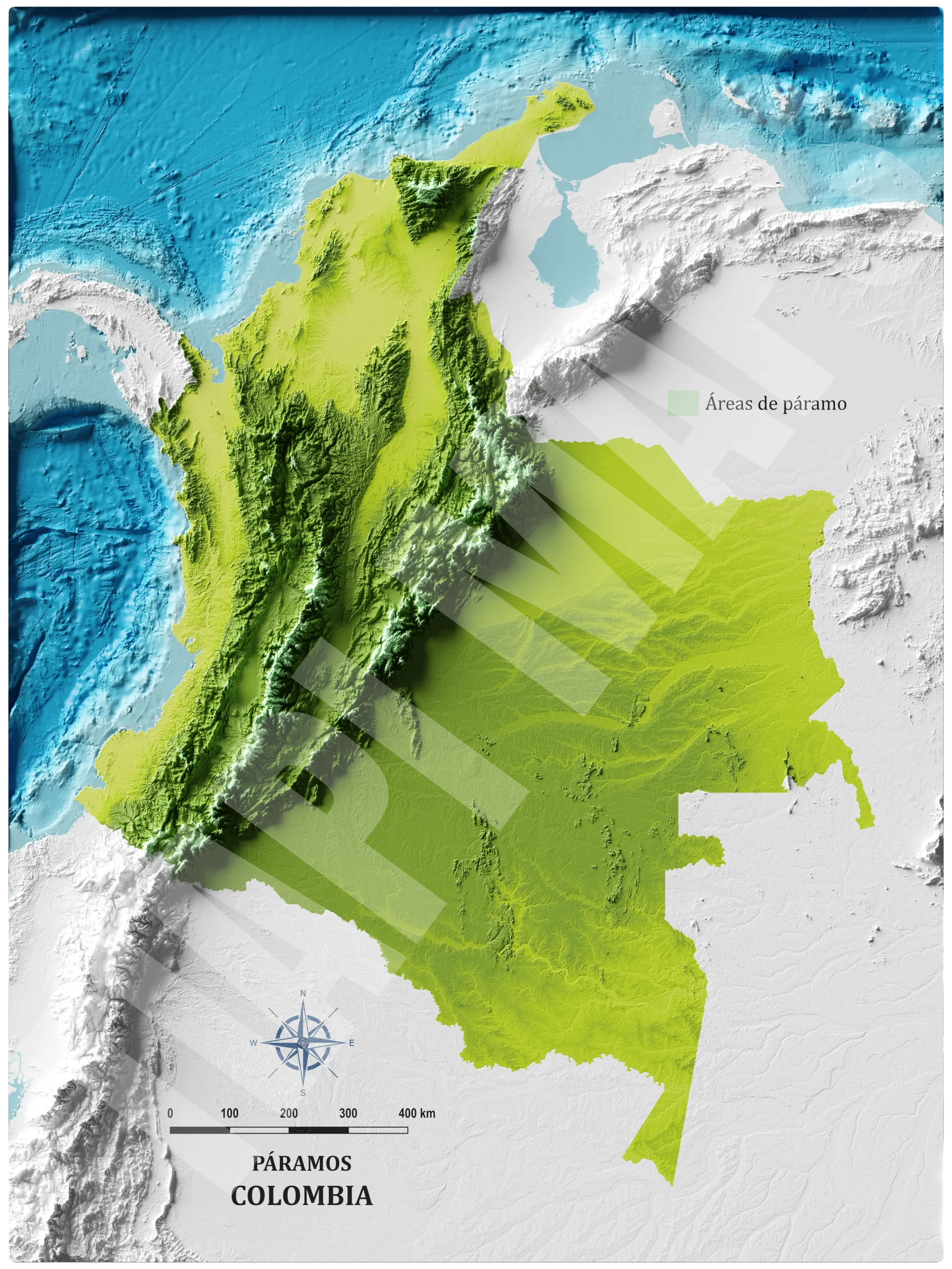 Mapa con efecto de relieve (impresión 2D) | Páramos de Colombia