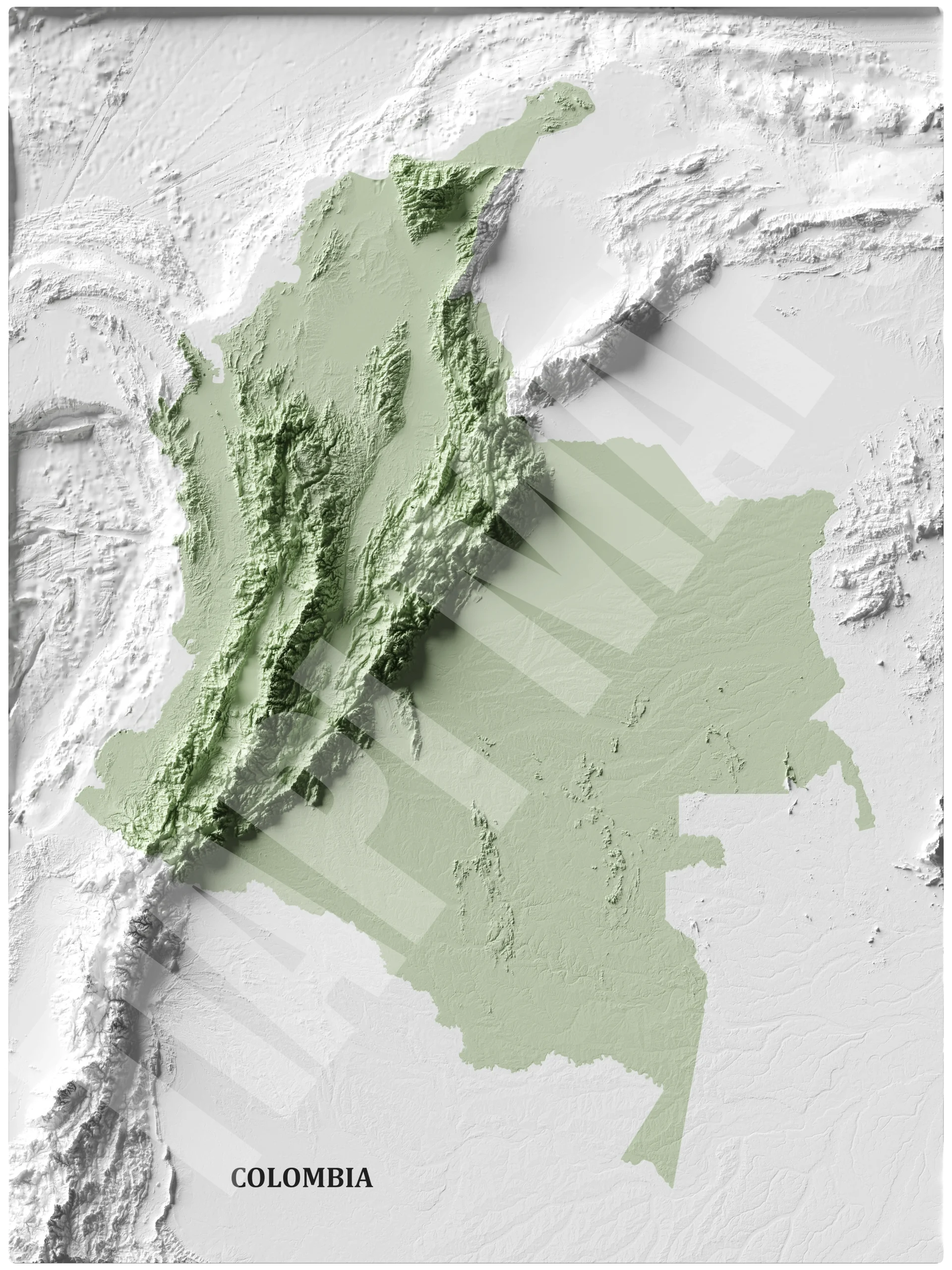 Mapa con efecto de relieve (impresión 2D) | Minimalista en Tono Verde