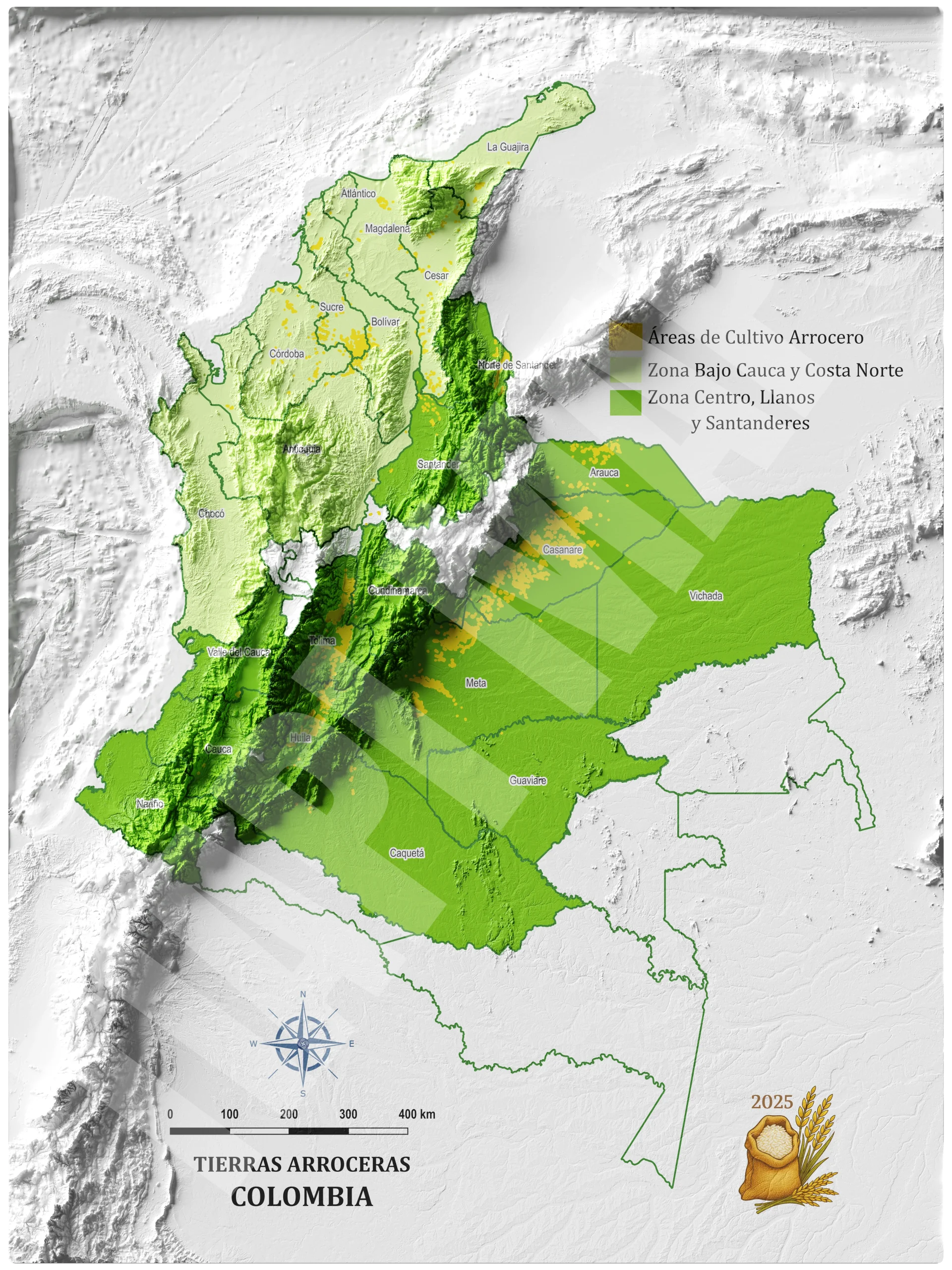 Mapa con efecto de relieve (impresión 2D) de las Zonas y Áreas de Cultivo de Arroz