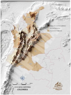 Mapa con efecto de relieve (impresión 2D) del Paisaje Cafetero Colombiano