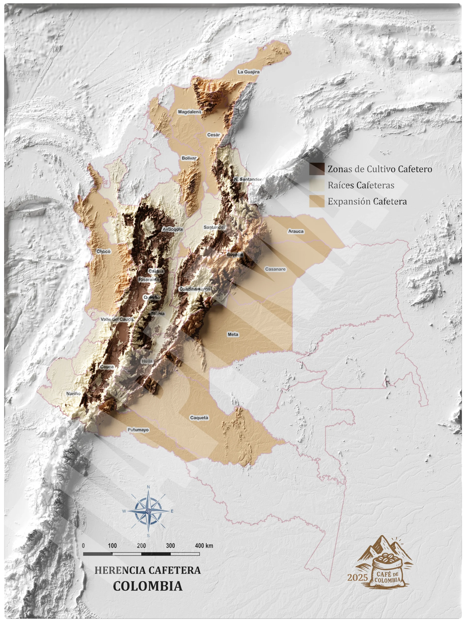 Mapa con efecto de relieve (impresión 2D) del Paisaje Cafetero Colombiano