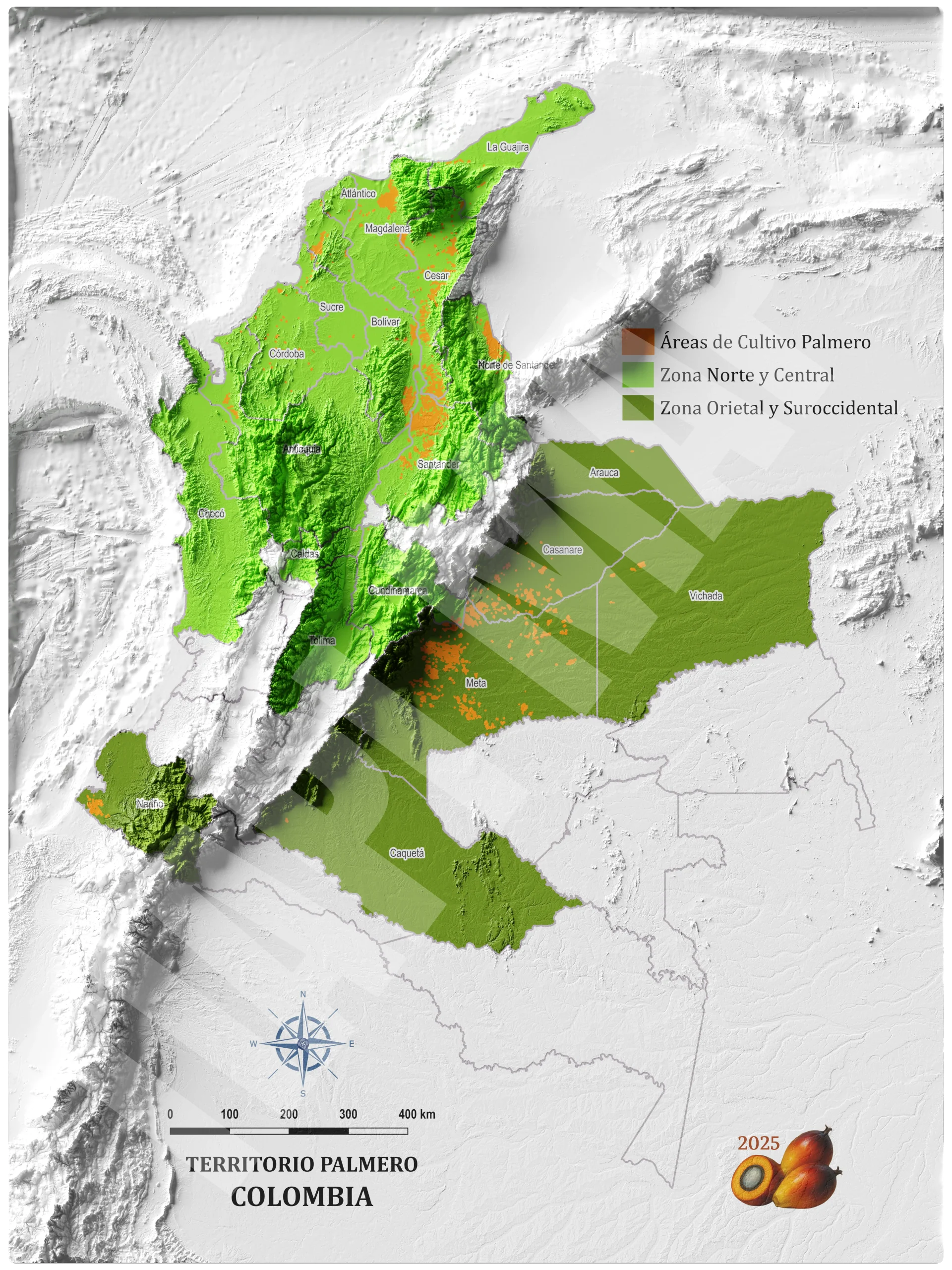 Mapa con efecto de relieve (impresión 2D) de las Zonas y Áreas de Cultivo de Palma de Aceite