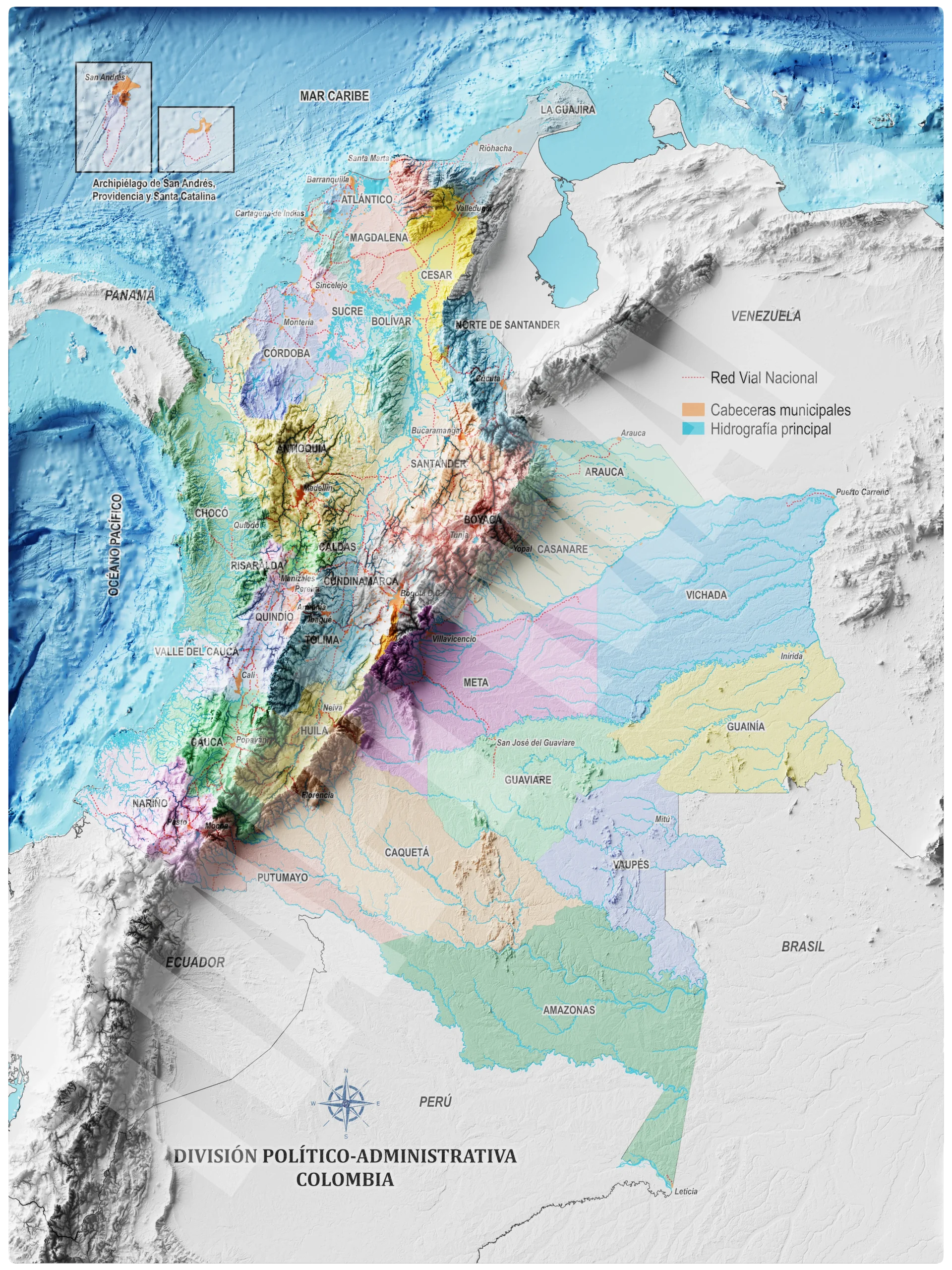 Mapa con efecto de relieve (impresión 2D) | División Político-Administrativa de Colombia