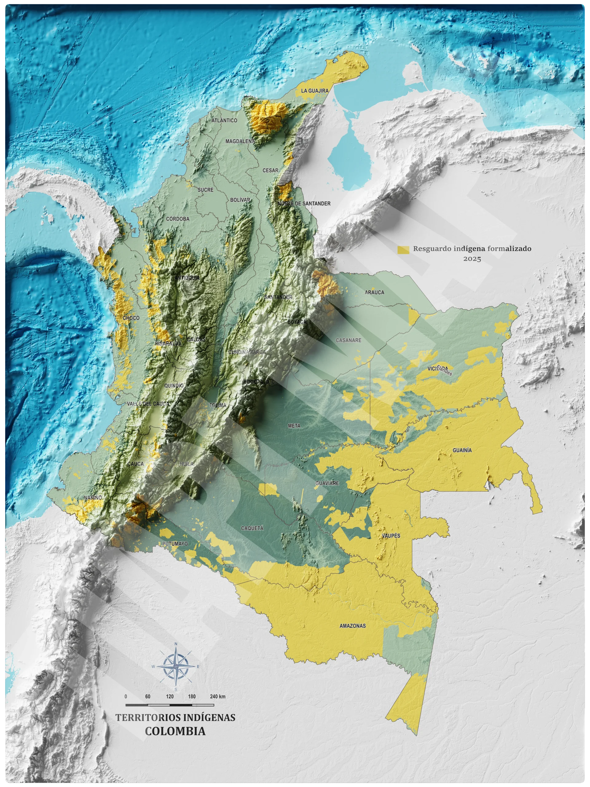 Mapa con efecto de relieve (impresión 2D) I Poblaciones Indígenas de Colombia