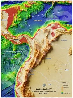 Mapa con efecto de relieve (impresión 2D) I Límites Marítimos de Colombia