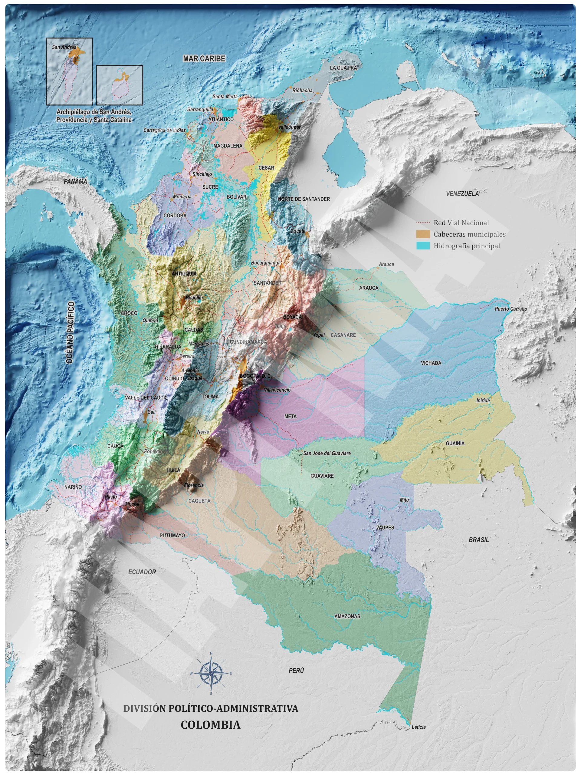 Mapa con efecto de relieve (impresión 2D) | División Político-Administrativa de Colombia